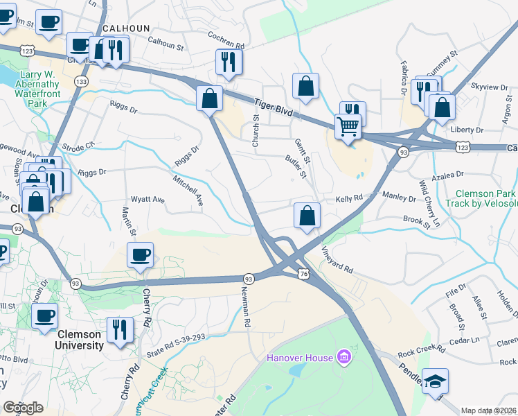 map of restaurants, bars, coffee shops, grocery stores, and more near 101 College Heights Boulevard in Clemson