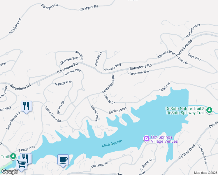 map of restaurants, bars, coffee shops, grocery stores, and more near 15 Alarcon Way in Hot Springs Village