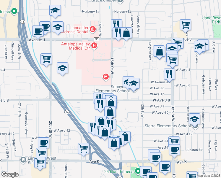 map of restaurants, bars, coffee shops, grocery stores, and more near 174 15th Street West in Lancaster