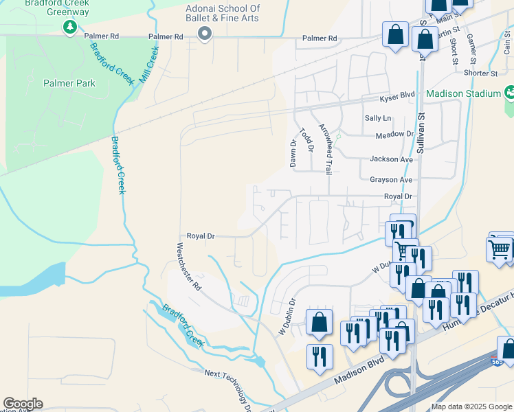 map of restaurants, bars, coffee shops, grocery stores, and more near 162 Royal Drive in Madison