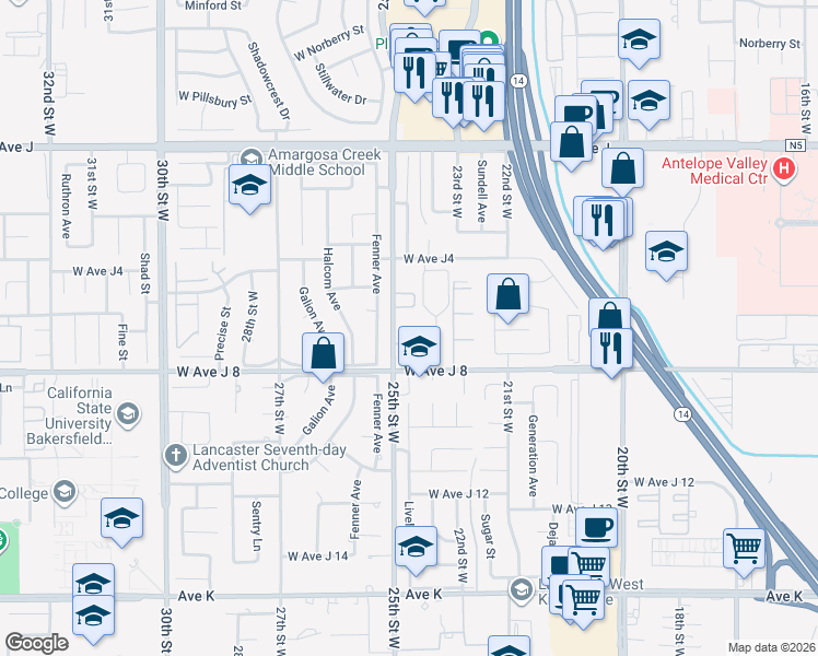map of restaurants, bars, coffee shops, grocery stores, and more near 44036 25th Street West in Lancaster