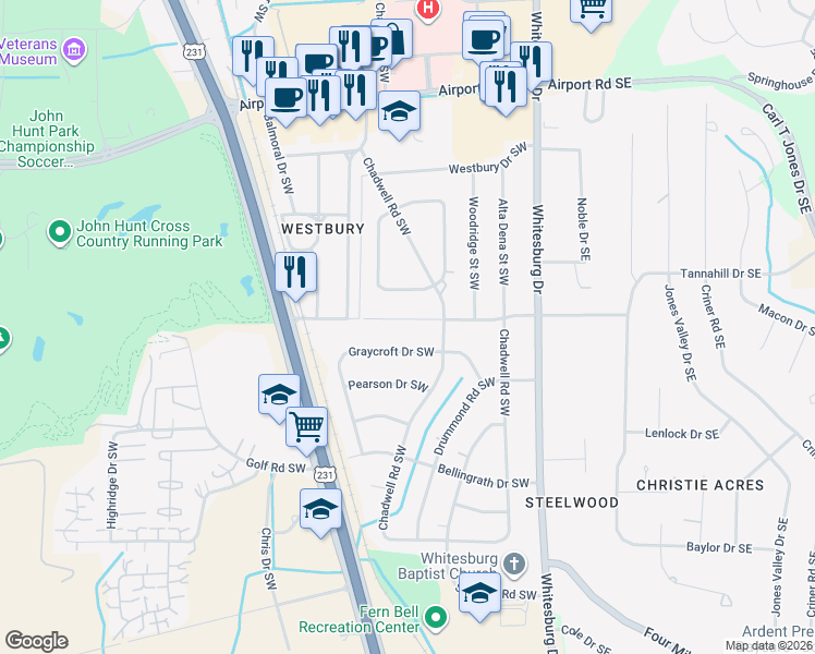 map of restaurants, bars, coffee shops, grocery stores, and more near 518 Graycroft Drive Southwest in Huntsville