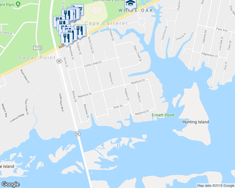 map of restaurants, bars, coffee shops, grocery stores, and more near 301 Soundview Court in Cape Carteret