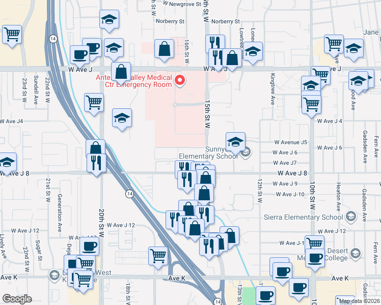 map of restaurants, bars, coffee shops, grocery stores, and more near 44045 15th Street West in Lancaster