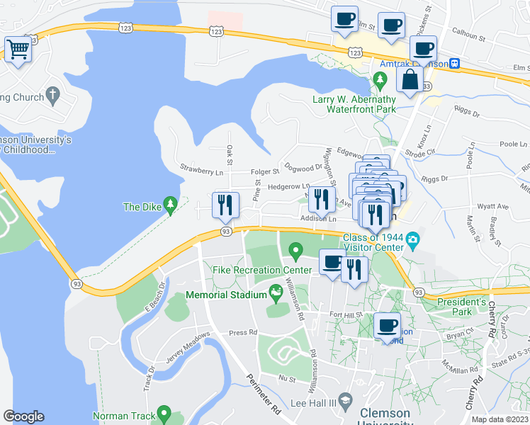 map of restaurants, bars, coffee shops, grocery stores, and more near in Clemson