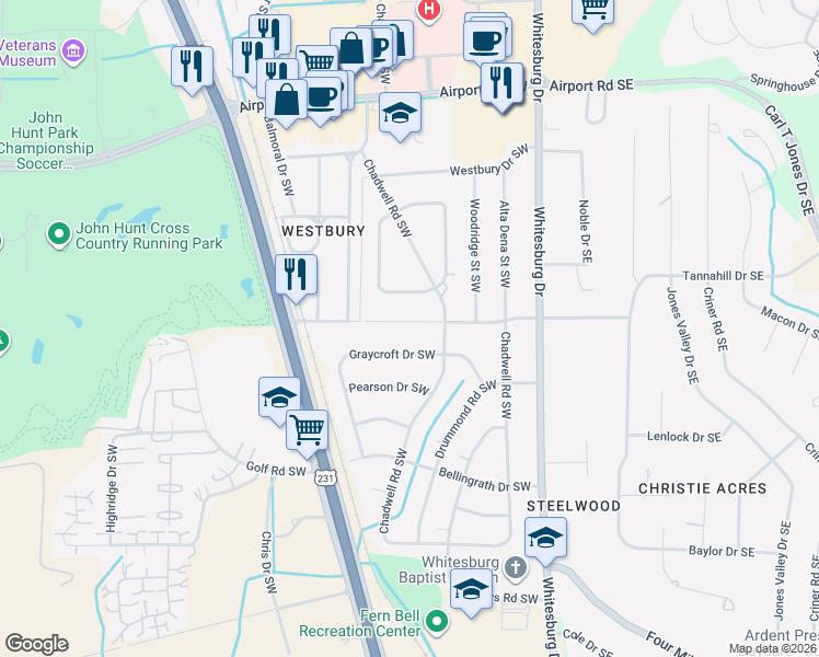 map of restaurants, bars, coffee shops, grocery stores, and more near 518 Graycroft Drive Southwest in Huntsville