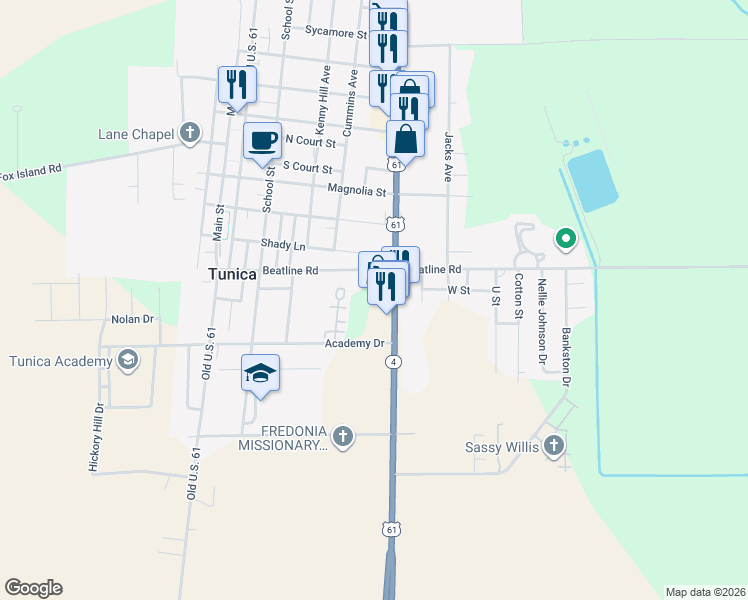 map of restaurants, bars, coffee shops, grocery stores, and more near 1124 U.S. 61 in Tunica