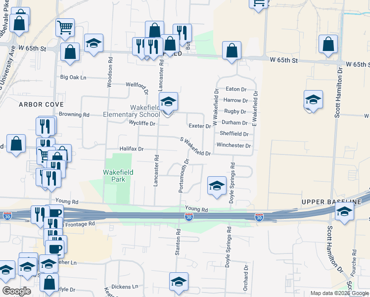 map of restaurants, bars, coffee shops, grocery stores, and more near 5011 Halifax Drive in Little Rock