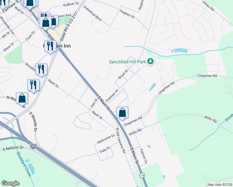 map of restaurants, bars, coffee shops, grocery stores, and more near 104 Laurens Court in Fountain Inn