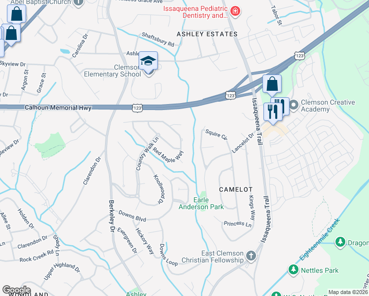 map of restaurants, bars, coffee shops, grocery stores, and more near 200 Red Maple Way in Clemson