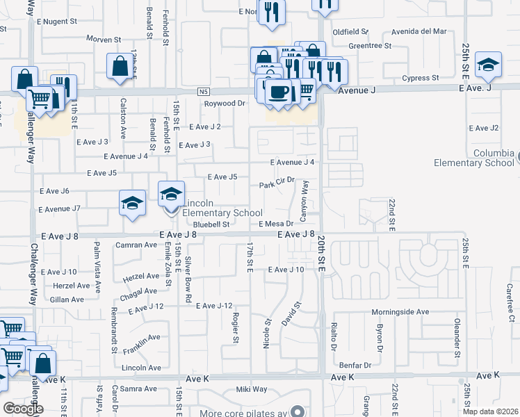 map of restaurants, bars, coffee shops, grocery stores, and more near 44043 Sunview Court in Lancaster
