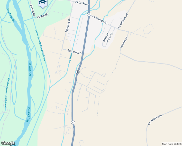 map of restaurants, bars, coffee shops, grocery stores, and more near 3 Angelo Avenue in Belen