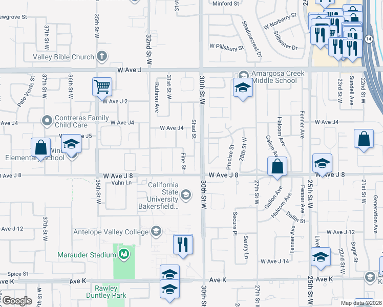 map of restaurants, bars, coffee shops, grocery stores, and more near 44047 Shad Street in Lancaster