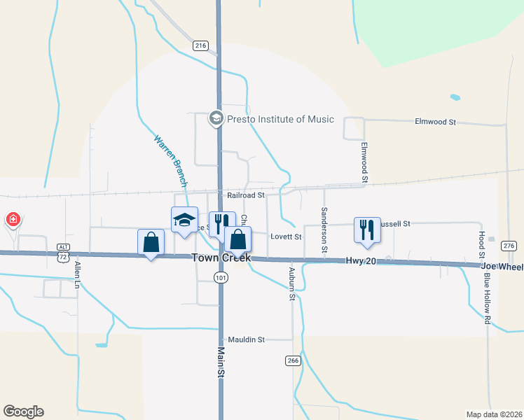 map of restaurants, bars, coffee shops, grocery stores, and more near 447 Meredith Street in Town Creek