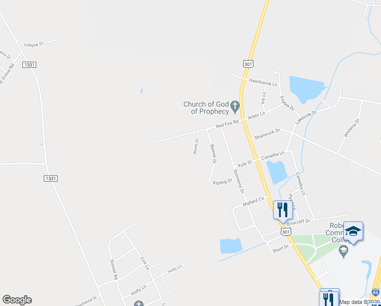 map of restaurants, bars, coffee shops, grocery stores, and more near 5507 Worth Drive in Lumberton