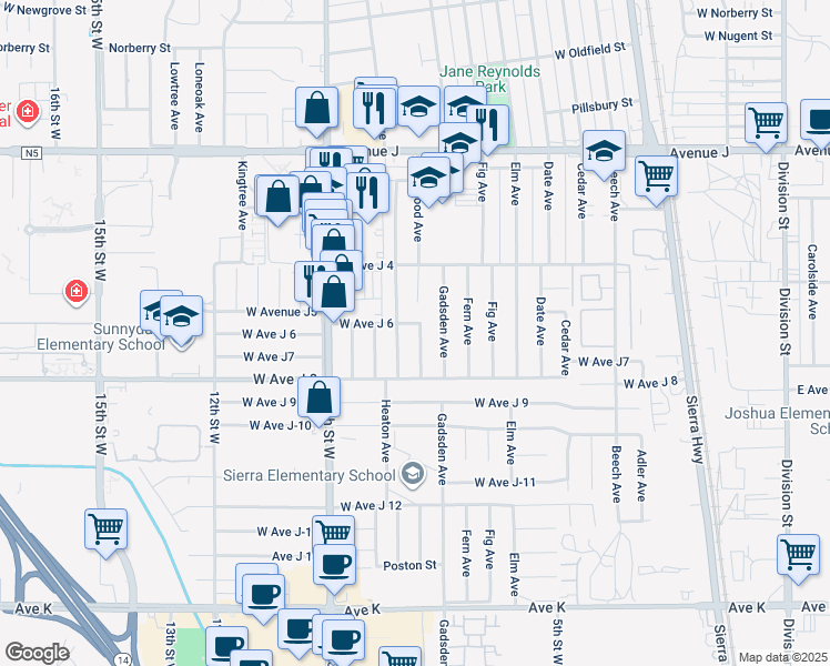map of restaurants, bars, coffee shops, grocery stores, and more near 44049 Hardwood Avenue in Lancaster