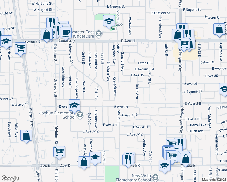 map of restaurants, bars, coffee shops, grocery stores, and more near 44037 Raysack Avenue in Lancaster