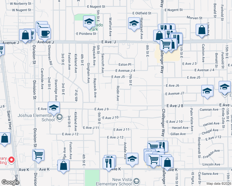map of restaurants, bars, coffee shops, grocery stores, and more near 44047 Rodin Avenue in Lancaster