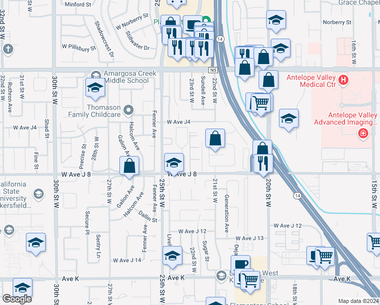map of restaurants, bars, coffee shops, grocery stores, and more near 44066 Engle Way in Lancaster