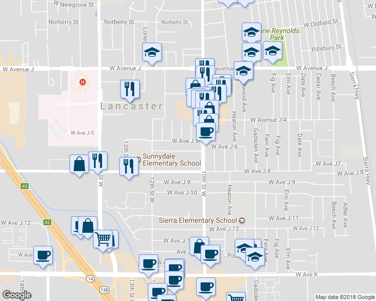 map of restaurants, bars, coffee shops, grocery stores, and more near 1033 West Avenue J-6 in Lancaster