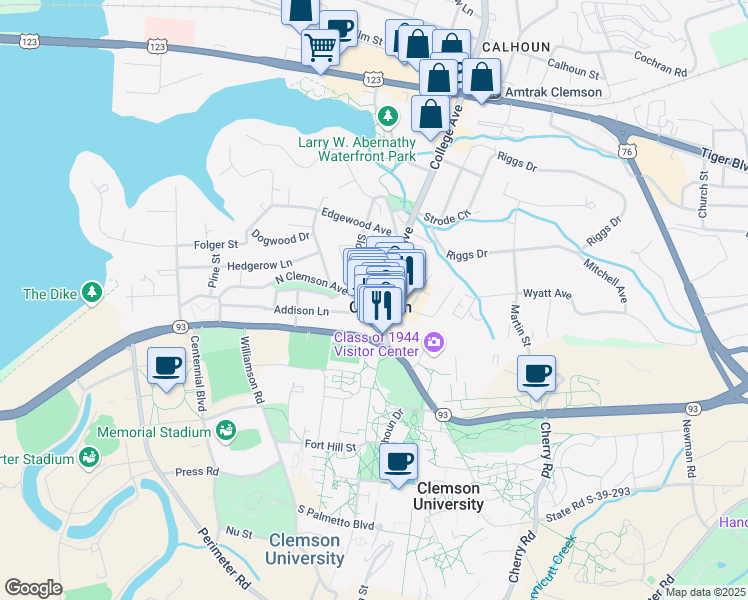 map of restaurants, bars, coffee shops, grocery stores, and more near 383 College Avenue in Clemson