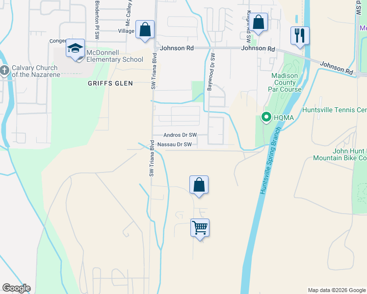 map of restaurants, bars, coffee shops, grocery stores, and more near 3104 Nassau Drive Southwest in Huntsville