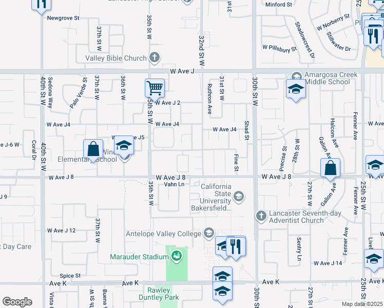 map of restaurants, bars, coffee shops, grocery stores, and more near 3223 West Avenue J7 in Lancaster