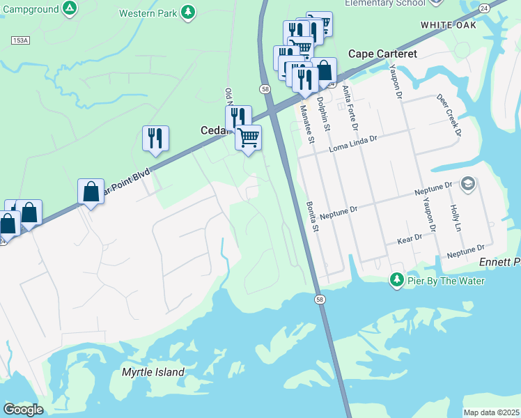map of restaurants, bars, coffee shops, grocery stores, and more near 1204 Cedar Point Boulevard in Cedar Point