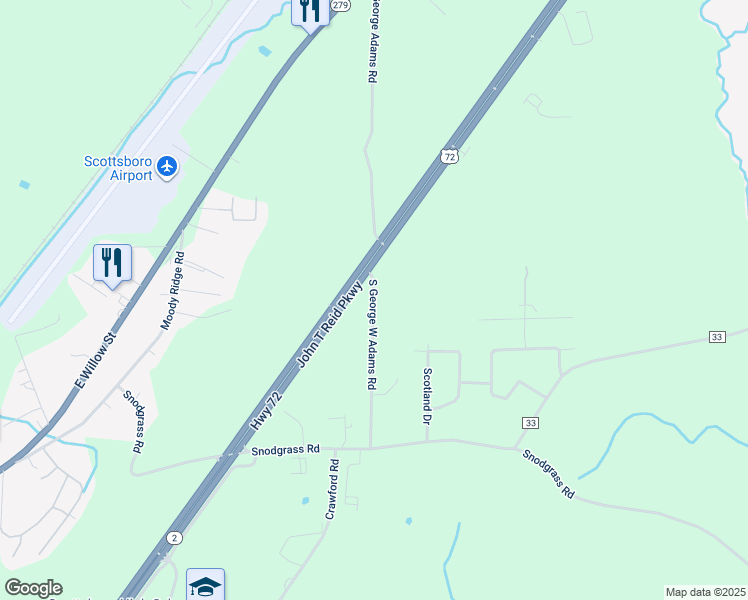 map of restaurants, bars, coffee shops, grocery stores, and more near 311 South George Adams Road in Scottsboro