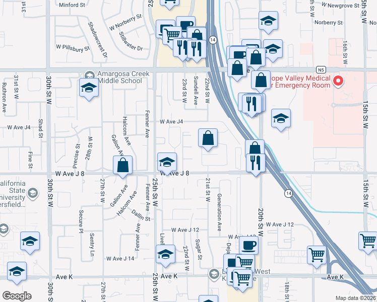 map of restaurants, bars, coffee shops, grocery stores, and more near 44004 Engle Way in Lancaster