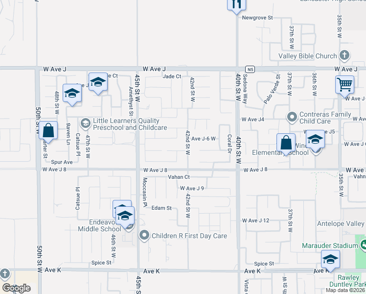 map of restaurants, bars, coffee shops, grocery stores, and more near 4209 Avenue J7 in Lancaster