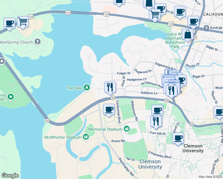 map of restaurants, bars, coffee shops, grocery stores, and more near 121 Old Greenville Highway in Clemson