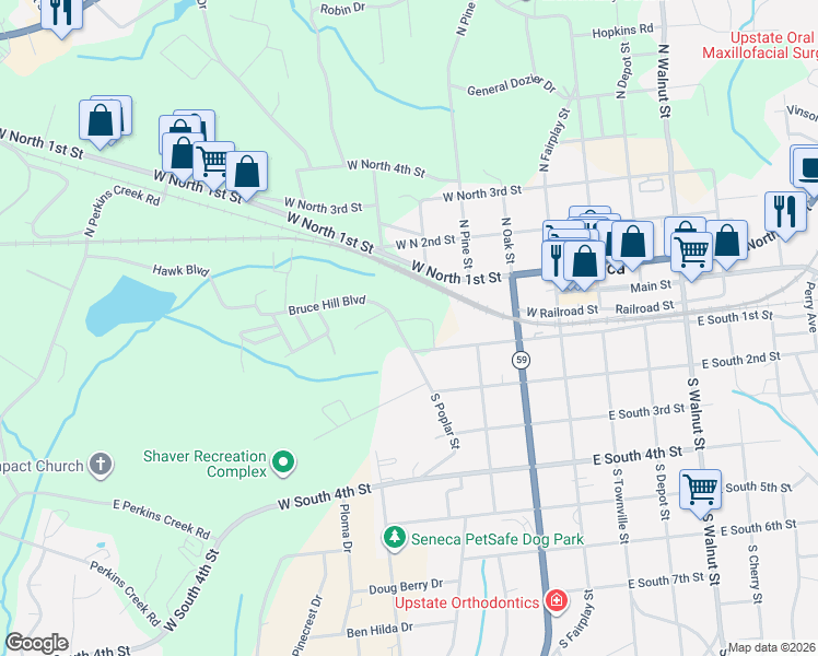 map of restaurants, bars, coffee shops, grocery stores, and more near 421 Chantilly Circle in Seneca