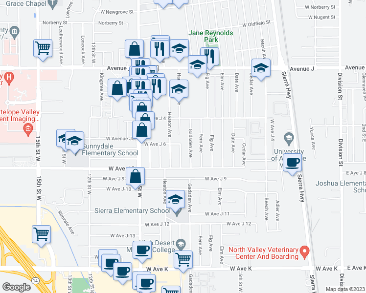 map of restaurants, bars, coffee shops, grocery stores, and more near 44052 Hardwood Avenue in Lancaster