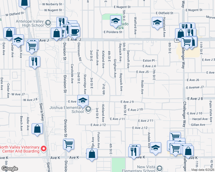 map of restaurants, bars, coffee shops, grocery stores, and more near 44101 4th Street East in Lancaster