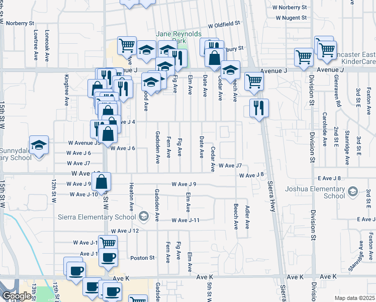 map of restaurants, bars, coffee shops, grocery stores, and more near 44055 Elm Avenue in Lancaster