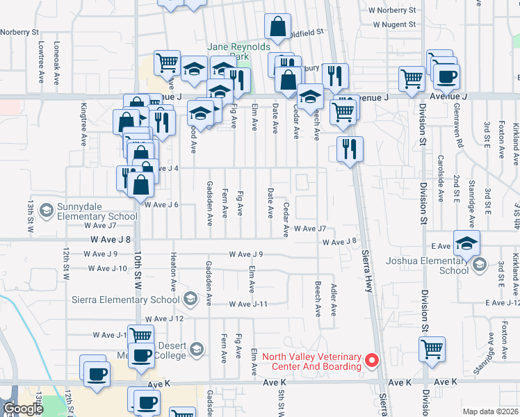 map of restaurants, bars, coffee shops, grocery stores, and more near 44054 Elm Avenue in Lancaster