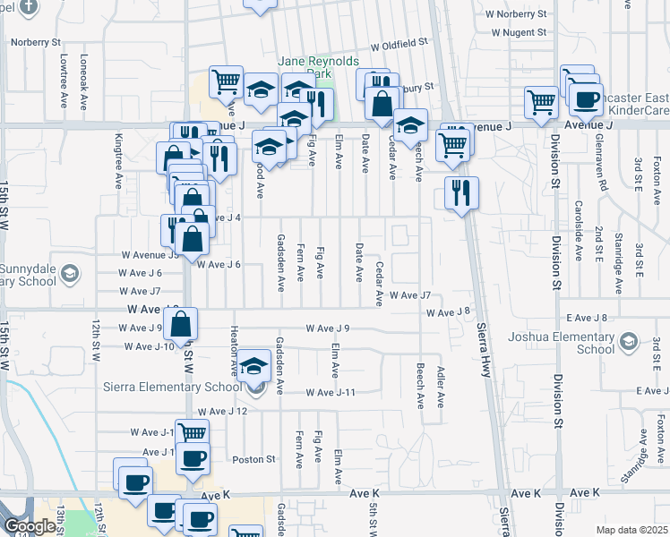 map of restaurants, bars, coffee shops, grocery stores, and more near 44055 Elm Avenue in Lancaster