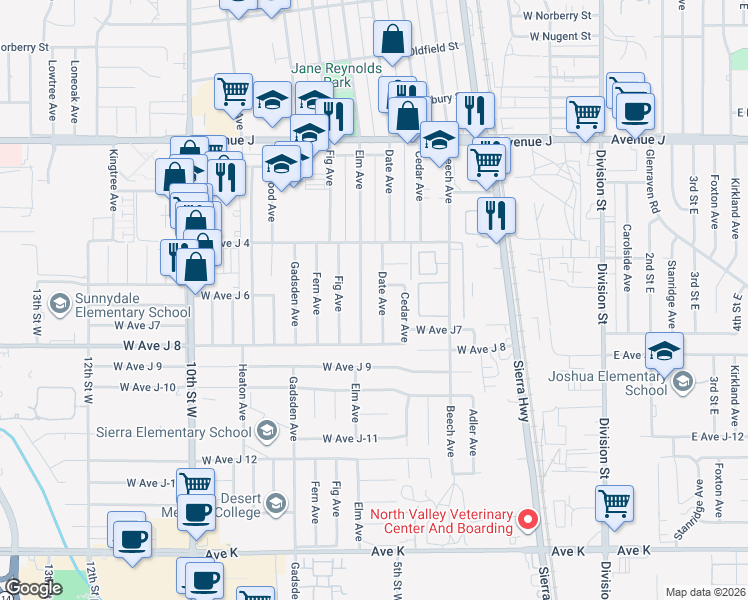 map of restaurants, bars, coffee shops, grocery stores, and more near 44054 Elm Avenue in Lancaster