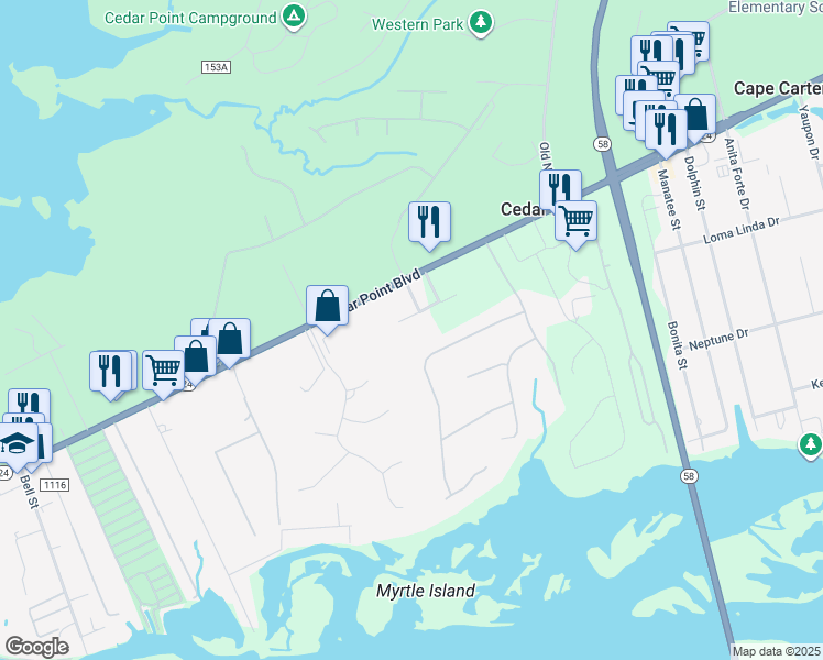 map of restaurants, bars, coffee shops, grocery stores, and more near 300 Lighthouse Lane in Swansboro