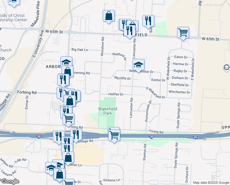 map of restaurants, bars, coffee shops, grocery stores, and more near 23 Halifax Court in Little Rock