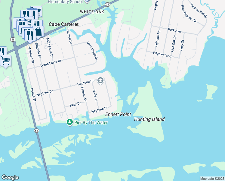map of restaurants, bars, coffee shops, grocery stores, and more near 533 Neptune Drive in Cape Carteret