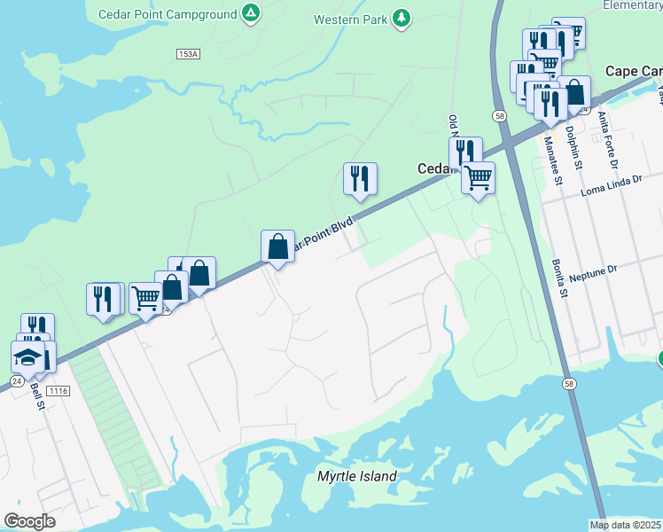 map of restaurants, bars, coffee shops, grocery stores, and more near 1102 Cedar Point Boulevard in Cedar Point