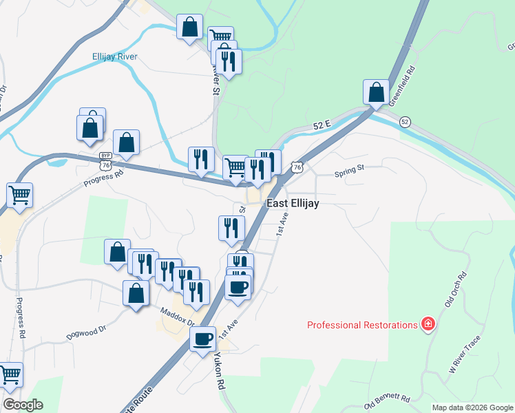 map of restaurants, bars, coffee shops, grocery stores, and more near 17 Fowler Street in East Ellijay