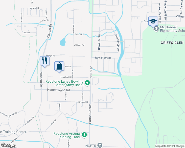map of restaurants, bars, coffee shops, grocery stores, and more near 4501 Patton Road Southwest in Huntsville