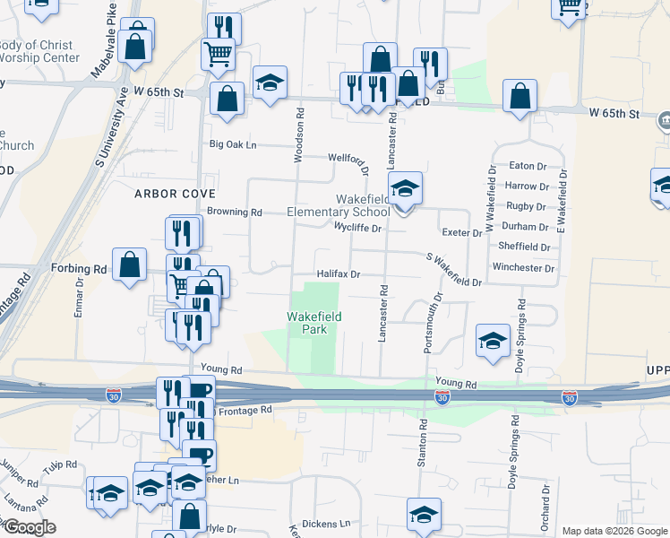 map of restaurants, bars, coffee shops, grocery stores, and more near 23 Halifax Court in Little Rock