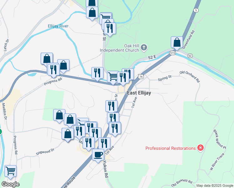 map of restaurants, bars, coffee shops, grocery stores, and more near 130 Fowler Street in Ellijay