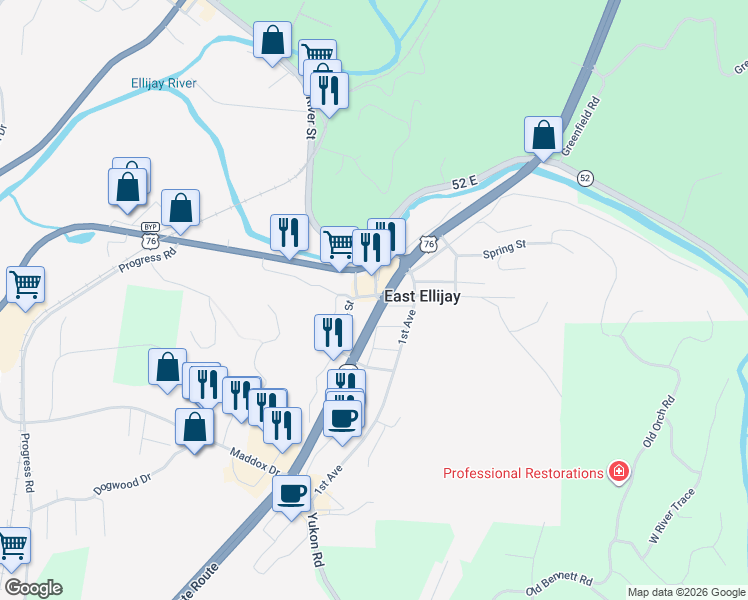 map of restaurants, bars, coffee shops, grocery stores, and more near 17 Fowler Street in East Ellijay