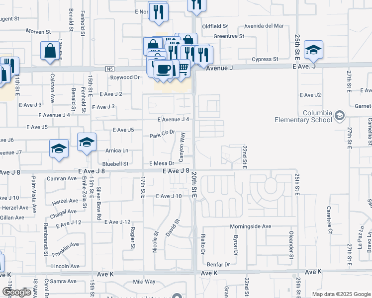 map of restaurants, bars, coffee shops, grocery stores, and more near 44049 Palm Lane in Lancaster