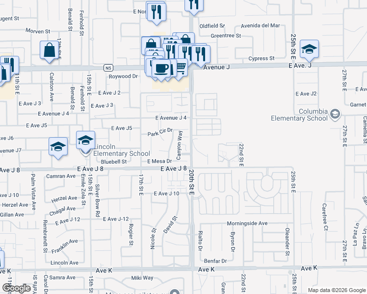 map of restaurants, bars, coffee shops, grocery stores, and more near 44049 Palm Lane in Lancaster
